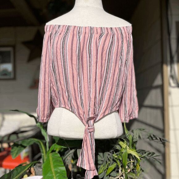 Ambiance Mauve Striped Tie Front Cropped Top Long Sleeve Women’s XL NEW - Picture 1 of 5